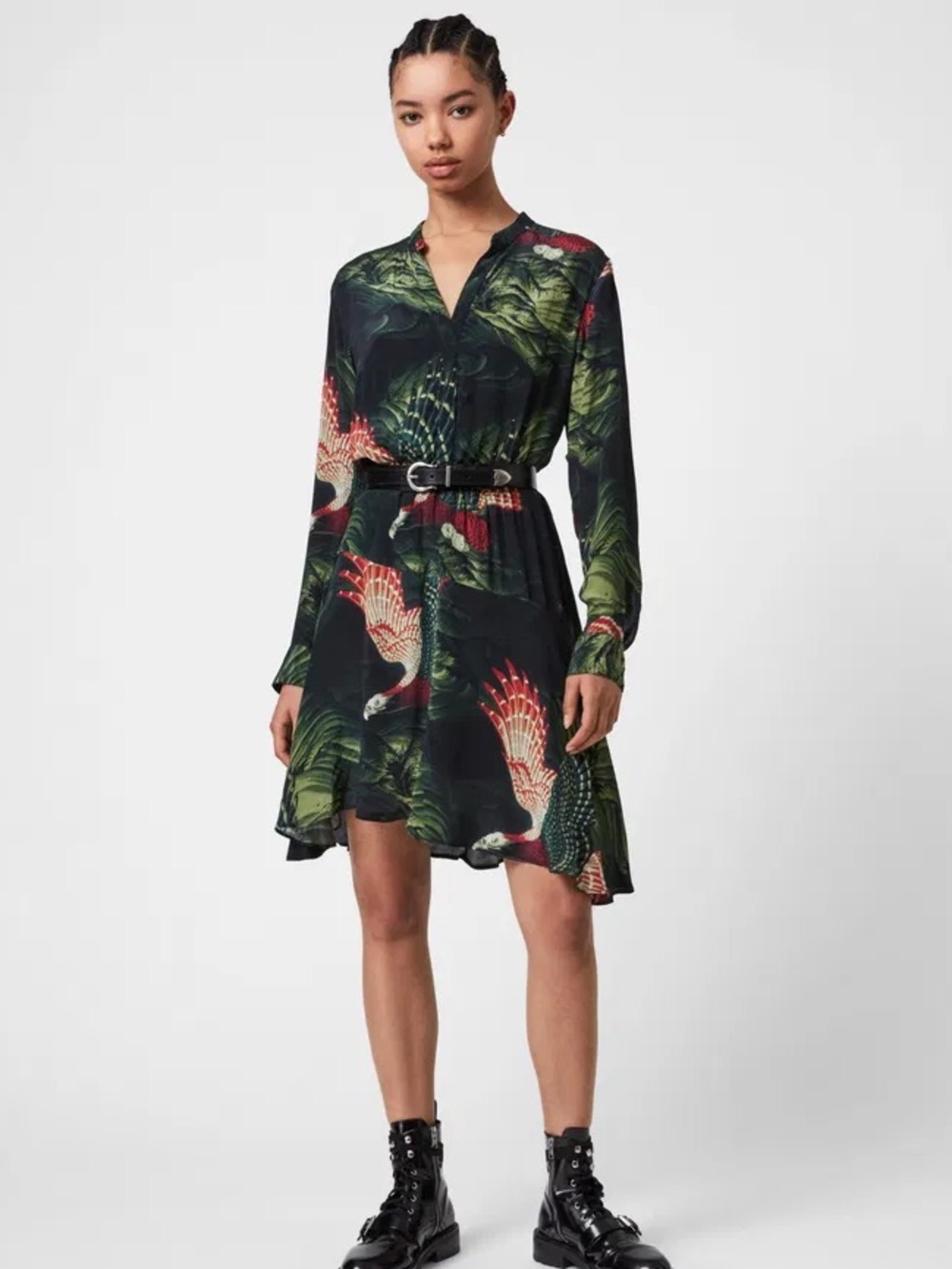 All Saints Martina Swoop Dress in Moss Green - M